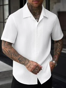Manfinity CasualCool Men's Solid Color Casual Versatile Daily Short Sleeve Shirt - White - View 3