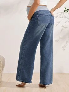 SHEIN Maternity Fashion Adjustable Waistband Casual Anti Social Dressy Pocket Denim Jeans Formal Sky Blue Winter Formal Maternity Photoshoot - Dark Wash - View 2