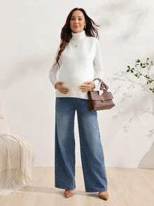 SHEIN Maternity Fashion Adjustable Waistband Casual Anti Social Dressy Pocket Denim Jeans Formal Sky Blue Winter Formal Maternity Photoshoot - Dark Wash - View 6
