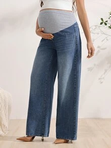 SHEIN Maternity Fashion Adjustable Waistband Casual Anti Social Dressy Pocket Denim Jeans Formal Sky Blue Winter Formal Maternity Photoshoot - Dark Wash - View 4