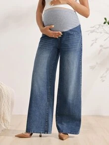 SHEIN Maternity Fashion Adjustable Waistband Casual Anti Social Dressy Pocket Denim Jeans Formal Sky Blue Winter Formal Maternity Photoshoot - Dark Wash - View 8