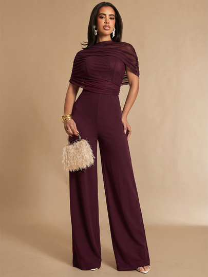 Silquee Mono elegante de pierna ancha y plisado de unicolor para mujer