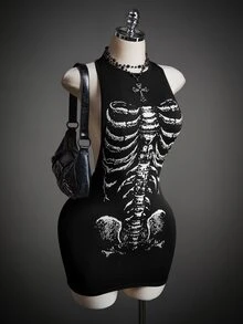 SHEIN ICON Gaun Bodycon Motif Tengkorak - Hitam - View 6