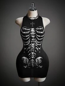 SHEIN ICON Gaun Bodycon Motif Tengkorak - Hitam - View 10