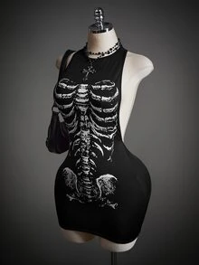 SHEIN ICON Gaun Bodycon Motif Tengkorak - Hitam - View 4