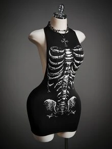SHEIN ICON Gaun Bodycon Motif Tengkorak - Hitam - View 7