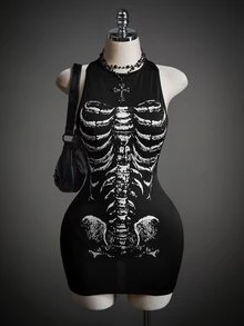 SHEIN ICON Gaun Bodycon Motif Tengkorak - Hitam - View 3