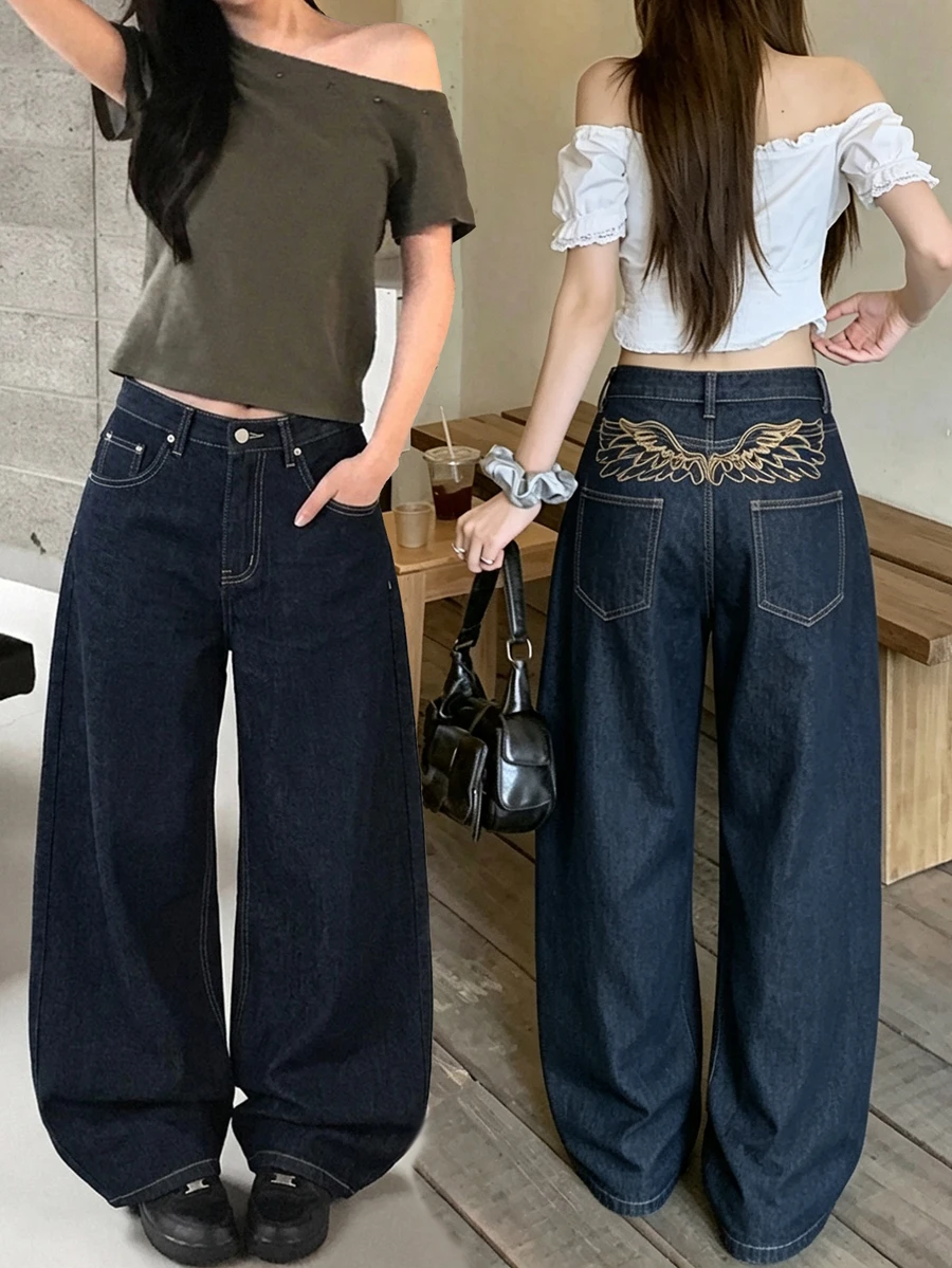 DAZY Celana Jeans Denim Kasual Longgar Kaki Lebar Saku Bordir Sayap Wanita Musim Gugur - Biru - View 1