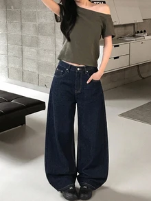 DAZY Celana Jeans Denim Kasual Longgar Kaki Lebar Saku Bordir Sayap Wanita Musim Gugur - Biru - View 7