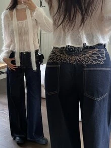 DAZY Celana Jeans Denim Kasual Longgar Kaki Lebar Saku Bordir Sayap Wanita Musim Gugur - Biru - View 3