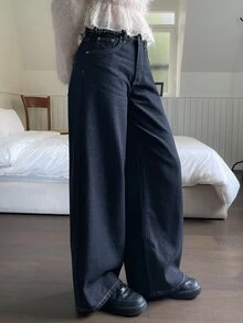 DAZY Celana Jeans Denim Kasual Longgar Kaki Lebar Saku Bordir Sayap Wanita Musim Gugur - Biru - View 2