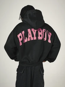 PLAYBOY X SUMWON Oversized Hoodie With Bunny Logo Chest Print And Varsity Arch Text Back Print Long Sleeve Pullover Sweatshirt - Black - View 1