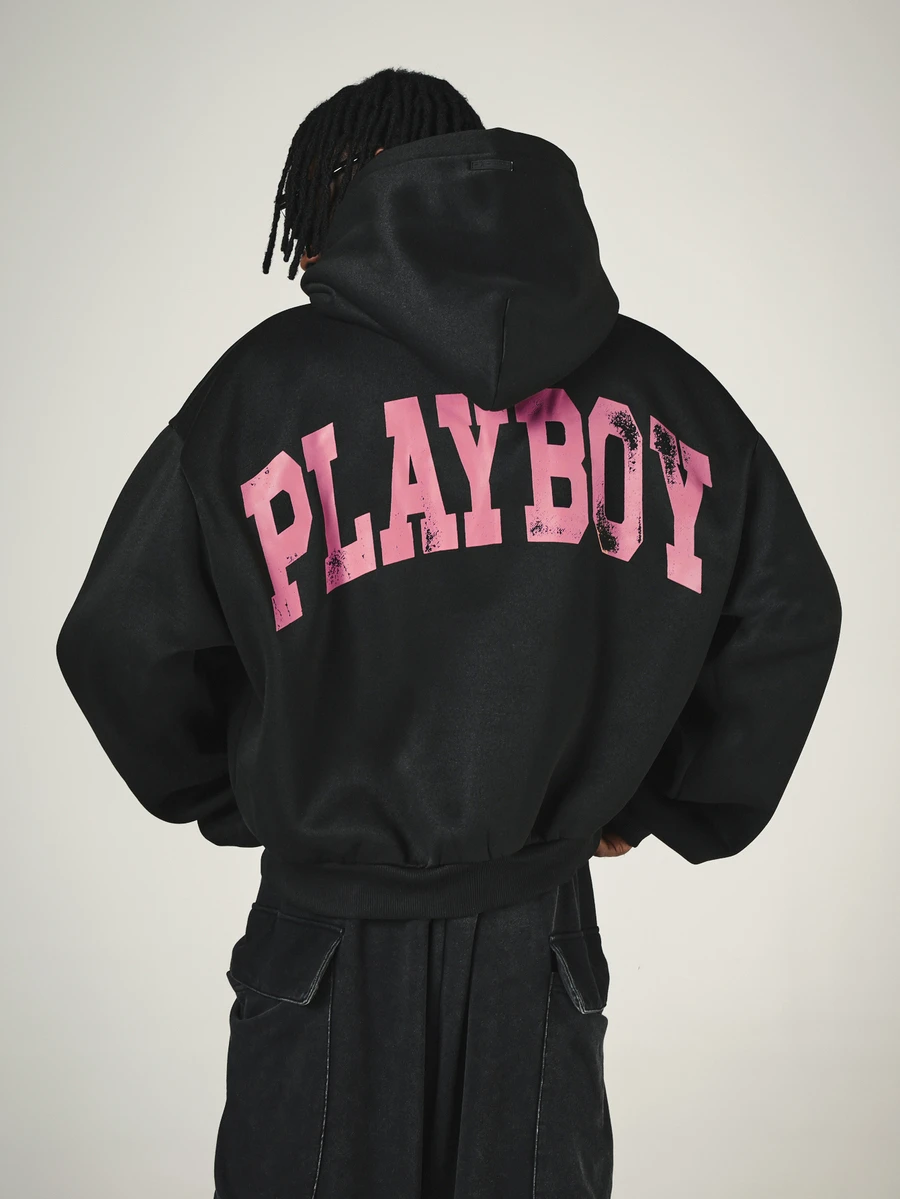 PLAYBOY X SUMWON Oversized Hoodie With Bunny Logo Chest Print And Varsity Arch Text Back Print Long Sleeve Pullover Sweatshirt - Black - View 1