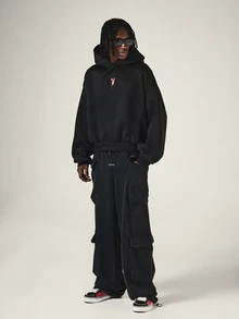 PLAYBOY X SUMWON Oversized Hoodie With Bunny Logo Chest Print And Varsity Arch Text Back Print Long Sleeve Pullover Sweatshirt - Black - View 3