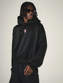 PLAYBOY X SUMWON Oversized Hoodie With Bunny Logo Chest Print And Varsity Arch Text Back Print Long Sleeve Pullover Sweatshirt - Black - View 4