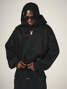PLAYBOY X SUMWON Oversized Hoodie With Bunny Logo Chest Print And Varsity Arch Text Back Print Long Sleeve Pullover Sweatshirt - Black - View 2