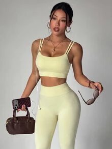 SHEIN Core Rhythm 女款素色高腰日常健身運動緊身褲 - 淡黃色 - 查看 5