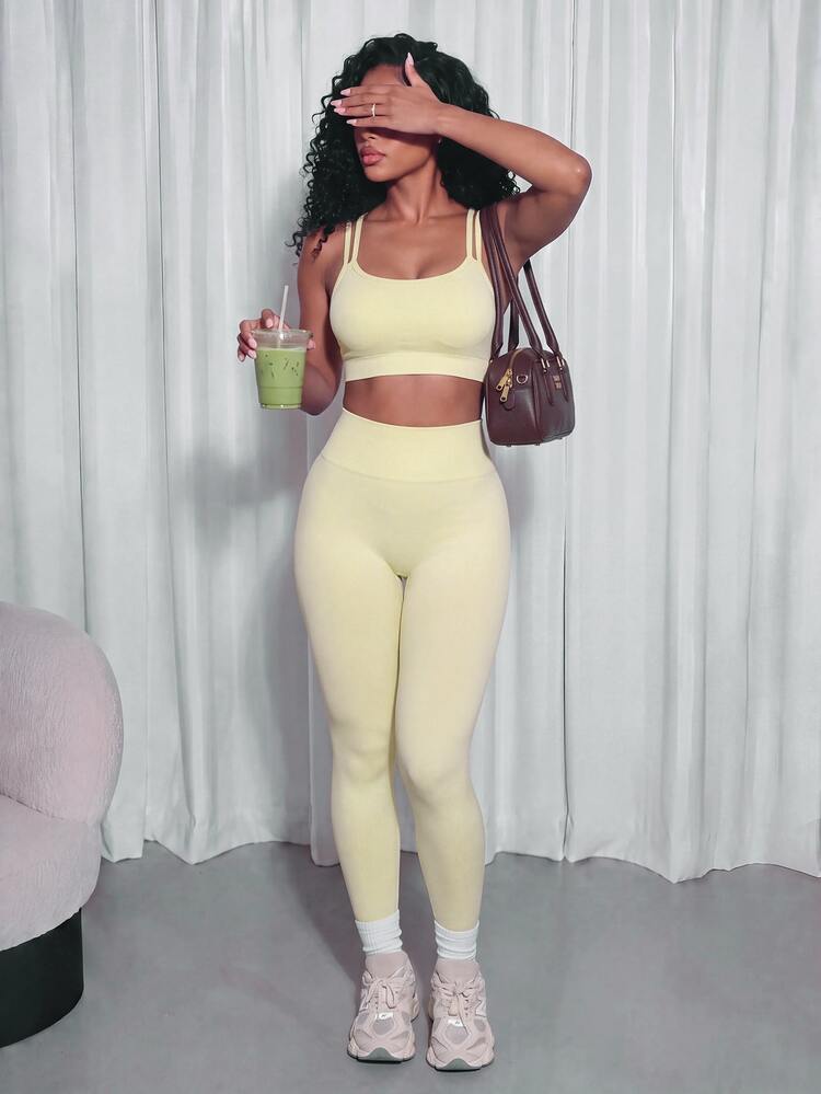SHEIN Core Rhythm Women's Solid Color High Waist Daily Fitness Sports Leggings - Light Yellow - View 2