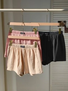 Comfortcana Plus Size Loose Casual Soft Form Letter Patch Textured Elastic Waist Shorts Black Beige Fuchsia Pink Formal Holiday Summer Date Night Dates Office - Multicolor - View 5