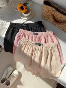 Comfortcana Plus Size Loose Casual Soft Form Letter Patch Textured Elastic Waist Shorts Black Beige Fuchsia Pink Formal Holiday Summer Date Night Dates Office - Multicolor - View 6