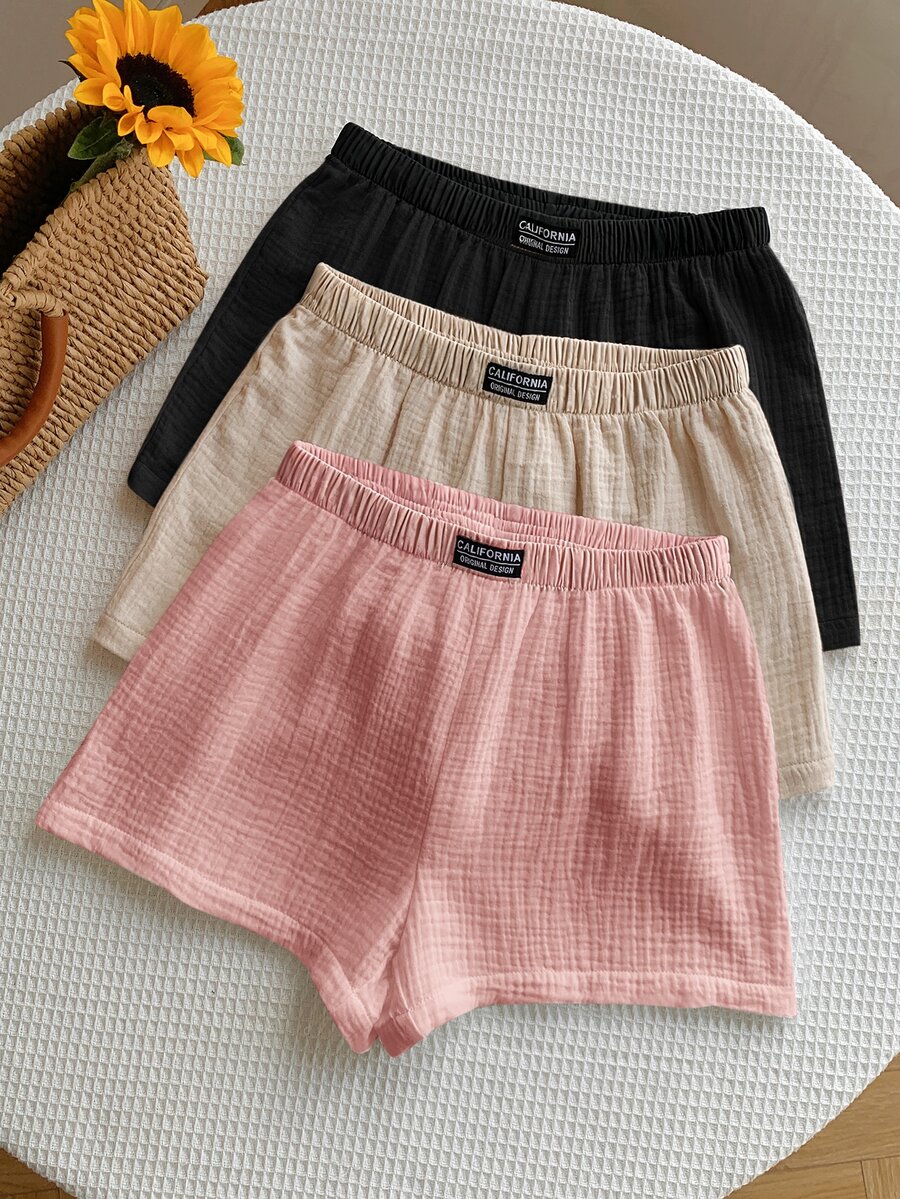 Comfortcana Plus Size Loose Casual Soft Form Letter Patch Textured Elastic Waist Shorts Black Beige Fuchsia Pink Formal Holiday Summer Date Night Dates Office - Multicolor - View 1
