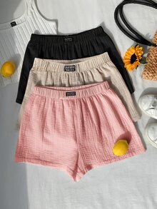 Comfortcana Plus Size Loose Casual Soft Form Letter Patch Textured Elastic Waist Shorts Black Beige Fuchsia Pink Formal Holiday Summer Date Night Dates Office - Multicolor - View 7