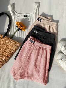 Comfortcana Plus Size Loose Casual Soft Form Letter Patch Textured Elastic Waist Shorts Black Beige Fuchsia Pink Formal Holiday Summer Date Night Dates Office - Multicolor - View 4