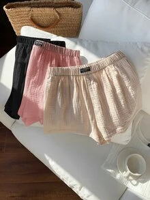 Comfortcana Plus Size Loose Casual Soft Form Letter Patch Textured Elastic Waist Shorts Black Beige Fuchsia Pink Formal Holiday Summer Date Night Dates Office - Multicolor - View 3