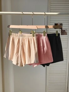 Comfortcana Plus Size Loose Casual Soft Form Letter Patch Textured Elastic Waist Shorts Black Beige Fuchsia Pink Formal Holiday Summer Date Night Dates Office - Multicolor - View 2