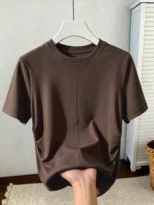 Resyla 大尺碼女款純色圓領短袖休閒極簡風T恤 - 棕色 - 查看 3