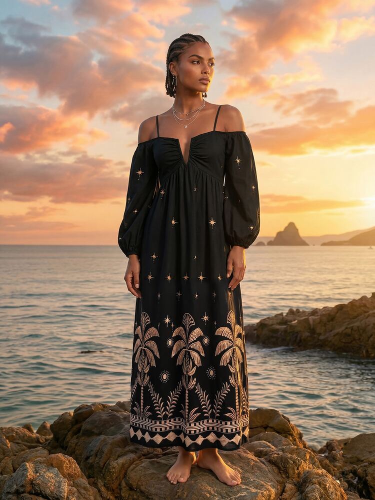CAJUNI Chic Vacation Golden Banana Trees Long Dress - Black - View 5