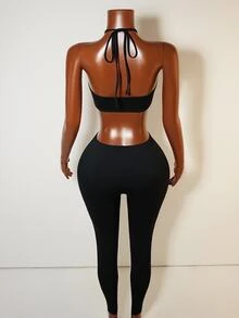 Mistrie Fashionable Sexy Backless Halter Neck Jumpsuit - Black - View 4