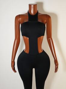 Mistrie Fashionable Sexy Backless Halter Neck Jumpsuit - Black - View 8
