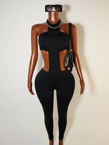Mistrie Fashionable Sexy Backless Halter Neck Jumpsuit - Black - View 10