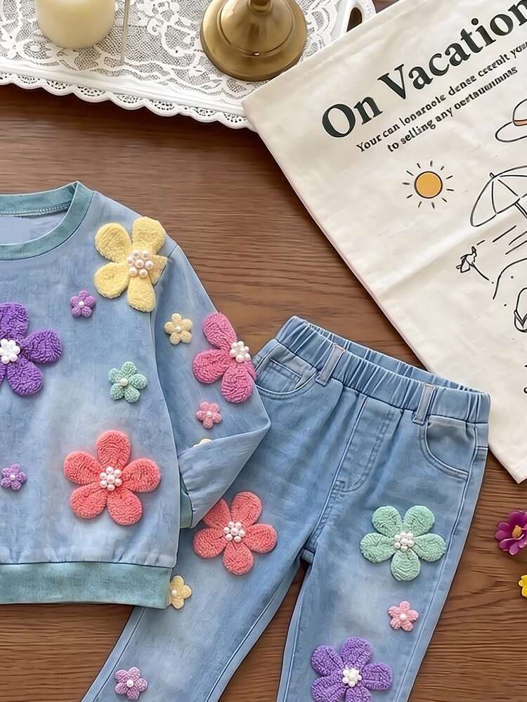 Girls (Small) Sweatshirt Set, Loose Fit Sweatshirt With Macaron Colorful Floral Print On Body And Sleeves, Dropped Shoulder Long Sleeves, Ribbed Cuffs And Hem, Casual Loose Fit Matching Slim Flare Pants With Same Colorful Floral Print On Legs And Knees, Coordinated Outfit - Multicolor - View 3