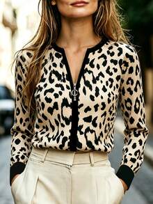RosyDaze Leopard Print Long Sleeve T-Shirt, Versatile Style Suitable For Outdoor Wear, V-Neck Metal Zipper Design - Multicolor - View 5