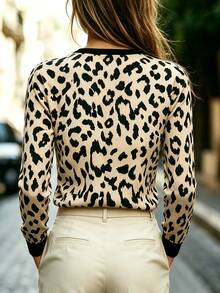 RosyDaze Leopard Print Long Sleeve T-Shirt, Versatile Style Suitable For Outdoor Wear, V-Neck Metal Zipper Design - Multicolor - View 2