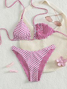 Swim Mod 新款女款夏季兩件式比基尼套裝，隨機花卉與格紋印花三角掛脖比基尼上衣與泳褲套裝，海灘度假泳裝 - 彩色 - 查看 5