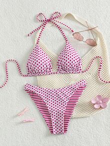 Swim Mod 新款女款夏季兩件式比基尼套裝，隨機花卉與格紋印花三角掛脖比基尼上衣與泳褲套裝，海灘度假泳裝 - 彩色 - 查看 6