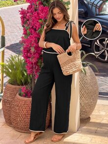 SHEIN 孕婦拼接配色肩結背心與長褲休閒兩件套 - 黑色 - 查看 10