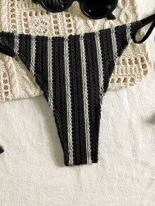 Swim Mod 2 件女士夏季度假沙滩装条纹系带比基尼套装，镂空纹理面料，圣帕特里克节 - 黑色 - 查看 3