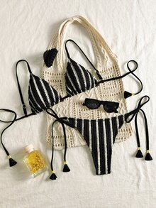 Swim Mod 2 件女士夏季度假沙滩装条纹系带比基尼套装，镂空纹理面料，圣帕特里克节 - 黑色 - 查看 1