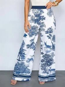 SOLERSUN 性感優雅女款海灘度假春夏季藝術印花油畫長褲 2026年女款希臘度假適用 - 藏蓝色 - 查看 7