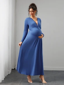 Momance Maternity Solid Color Deep V-Neck Long Sleeve Ruched Fashion Elegant Maternity Dress Photoshoot Formal Baby Blue Autumn - Royal Blue - View 7