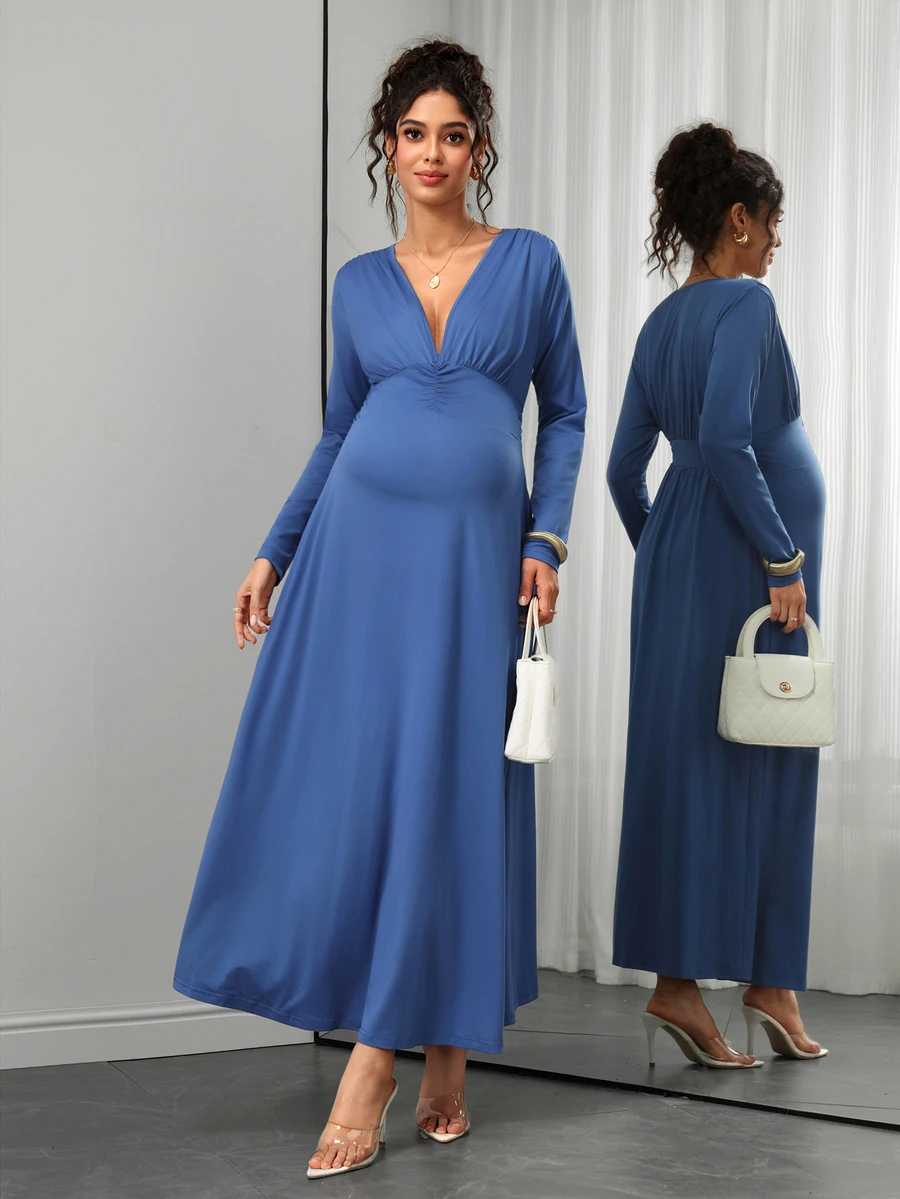 Momance Maternity Solid Color Deep V-Neck Long Sleeve Ruched Fashion Elegant Casual Maternity Dress Photoshoot Formal Baby Blue Autumn Fall Business - Royal Blue - View 1