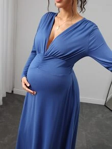 Momance Maternity Solid Color Deep V-Neck Long Sleeve Ruched Fashion Elegant Maternity Dress Photoshoot Formal Baby Blue Autumn - Royal Blue - View 9