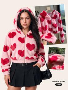 Comfortcana Plus Size Heart Print Hooded Jacket, Casual For Spring/Autumn,Fall Clothes For Women Winter - Pink - View 1