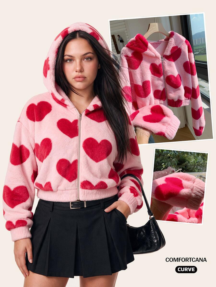 Comfortcana Plus Size Heart Print Hooded Jacket, Casual For Spring/Autumn,Fall Clothes For Women Winter - Pink - View 1