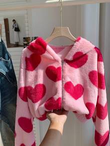 Comfortcana Plus Size Heart Print Hooded Jacket, Casual For Spring/Autumn,Fall Clothes For Women Winter - Pink - View 3