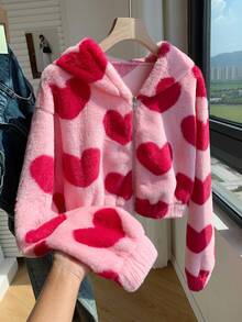 Comfortcana Plus Size Heart Print Hooded Jacket, Casual For Spring/Autumn,Fall Clothes For Women Winter - Pink - View 5